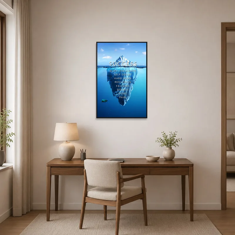 Inspiring iceberg art boosting motivation in a home office.
