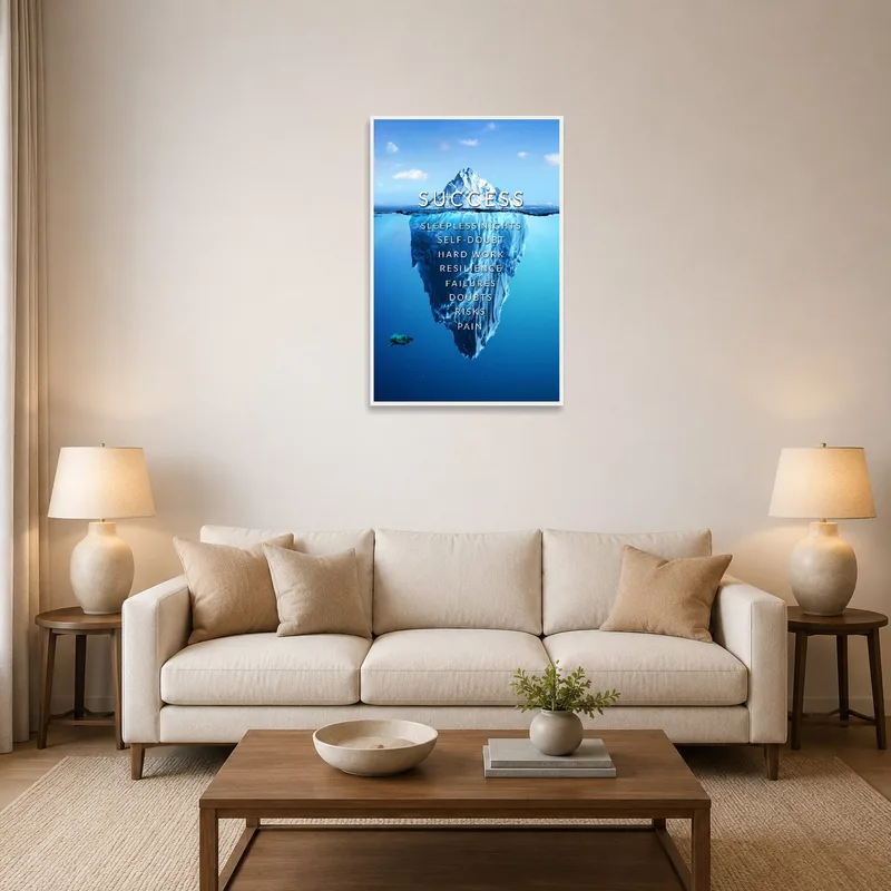 Motivational iceberg print on a wall in a cozy living room.