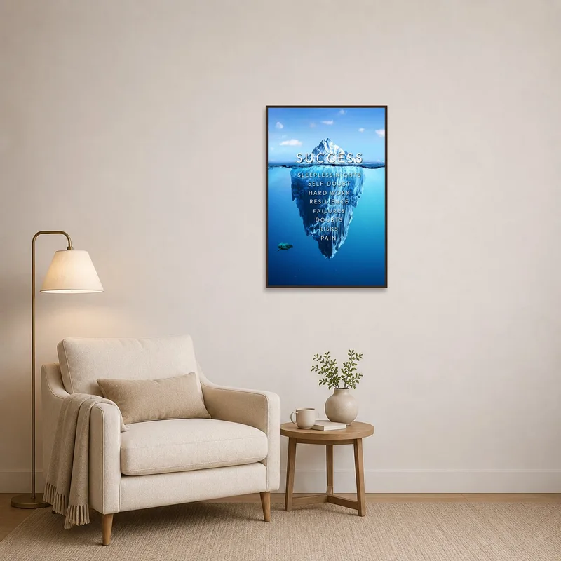 Motivational iceberg artwork in a serene reading corner.