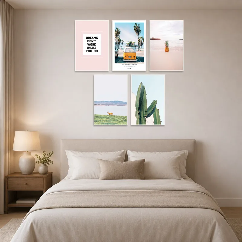 Serene bedroom with a nature photography set above the headboard.