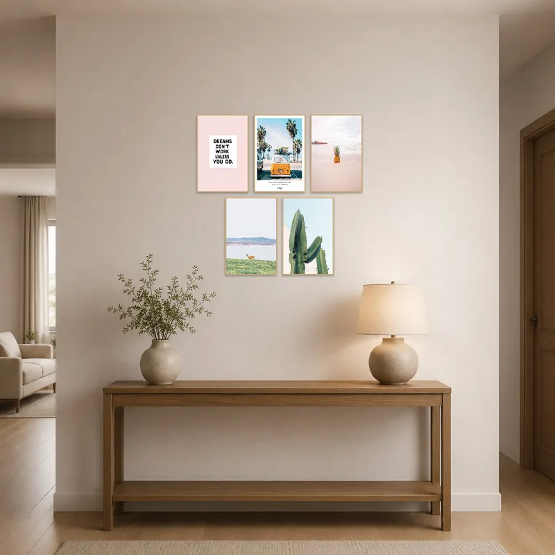 Nature photography welcoming guests in a bright entrance hall.