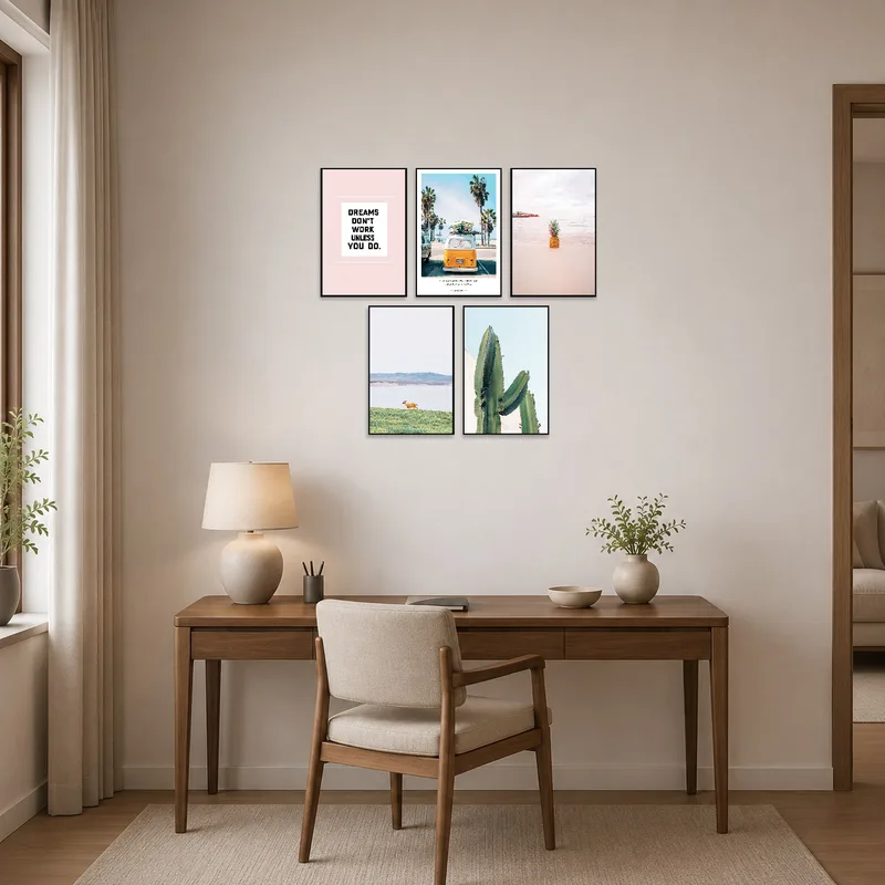 Nature photography set adding inspiration to a tidy home office.