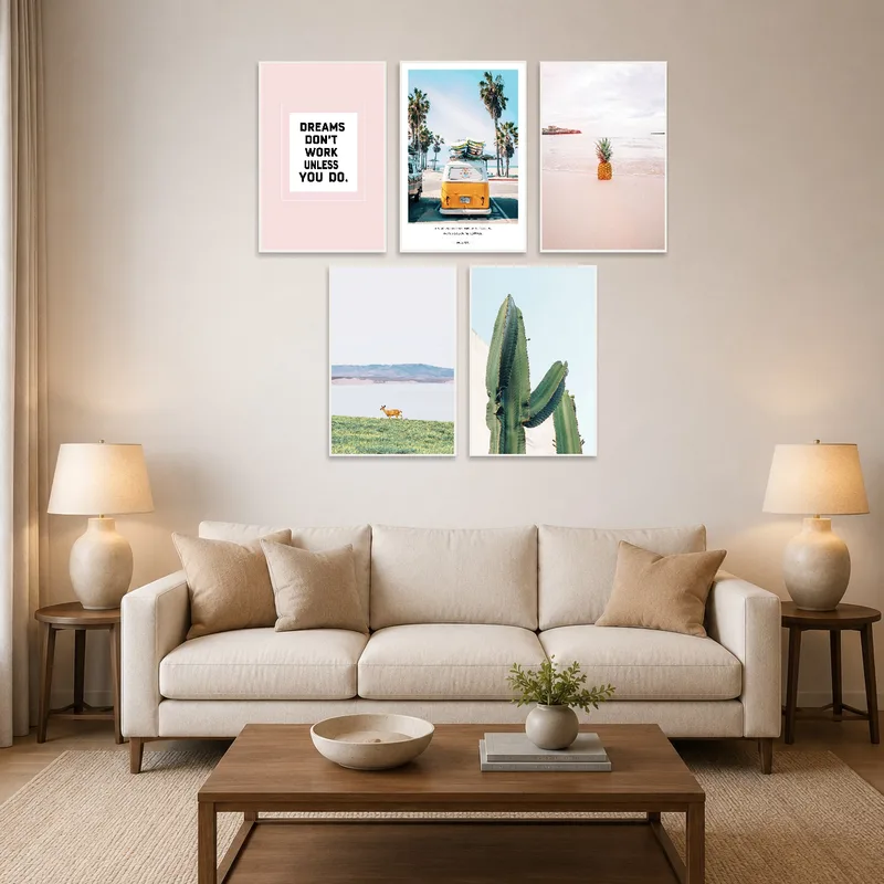 Nature photography set hanging above a modern living room sofa.