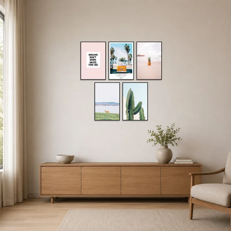 Minimalist room with nature photography set on a stark white wall.