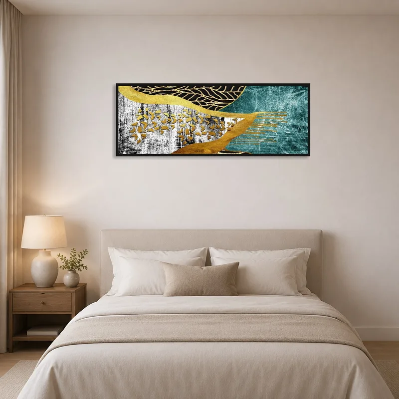 Bedroom wall adorned with an elegant abstract artwork highlighting gold patterns.