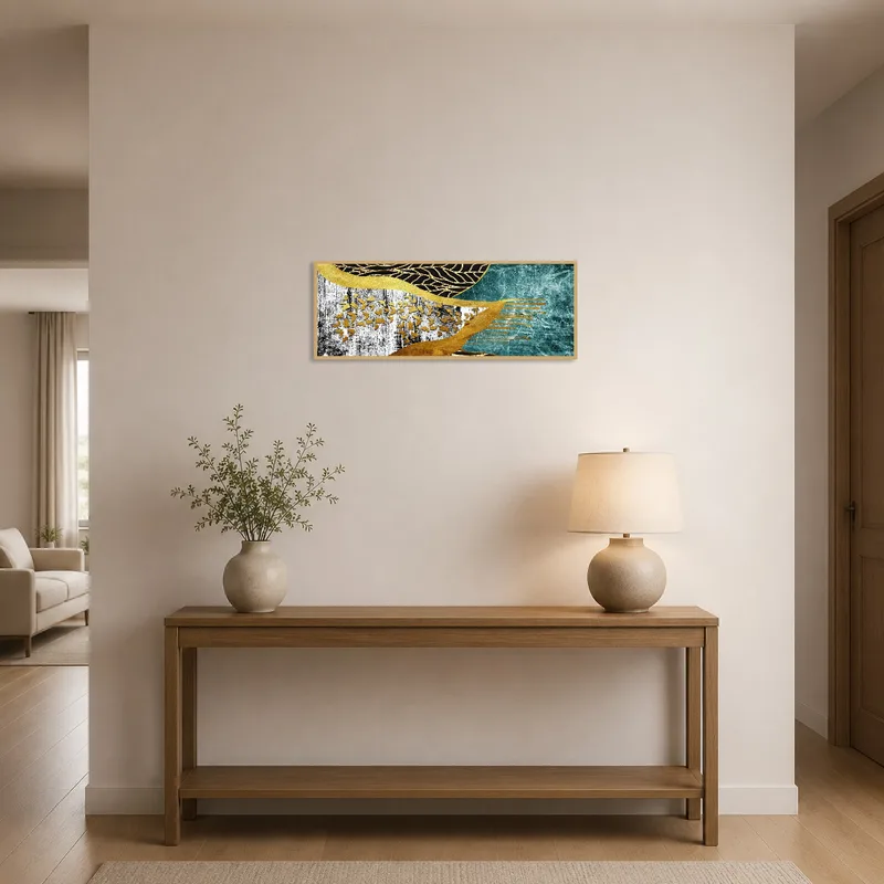 Entrance hall showcasing abstract design with gold tones as a focal point.