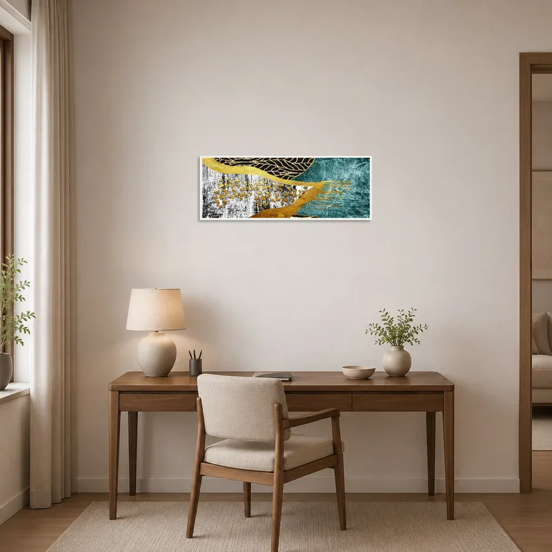 Home office enriched by an abstract piece with gold accents adding sophistication.