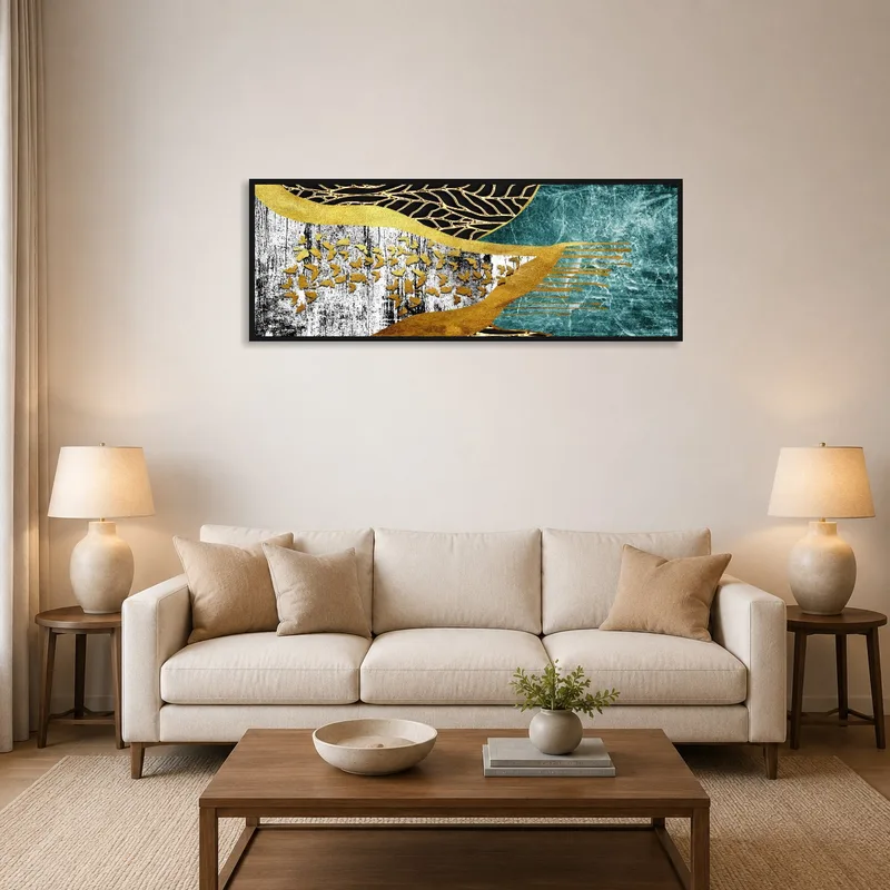 Intricate abstract artwork with gold accents adorning a modern living room wall.