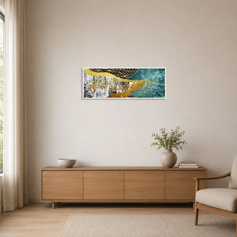 Minimalist room featuring an abstract piece with gold highlights on a clean wall.