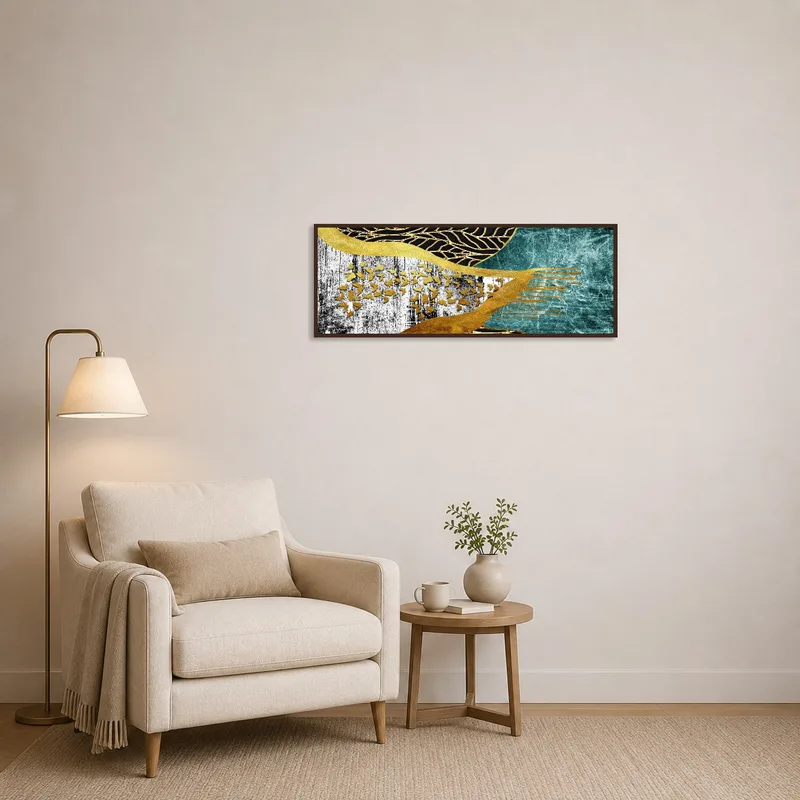 Reading corner enhanced by a striking abstract design with gold details on the wall.