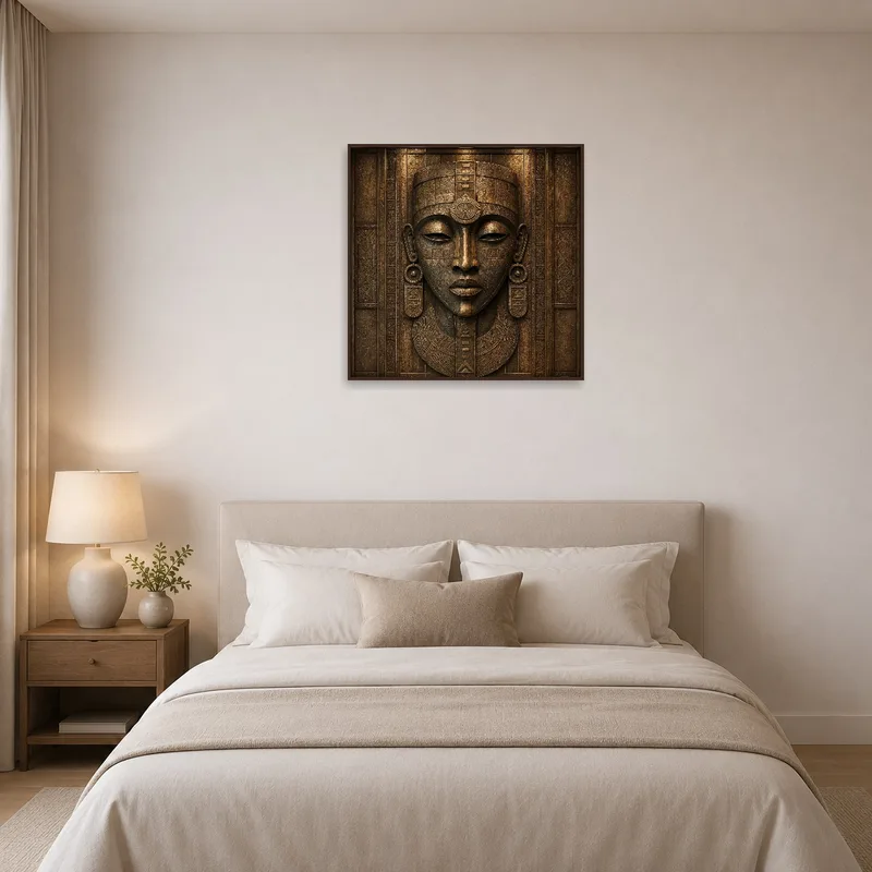Tribal face art creating a focal point above the bed in a serene bedroom.
