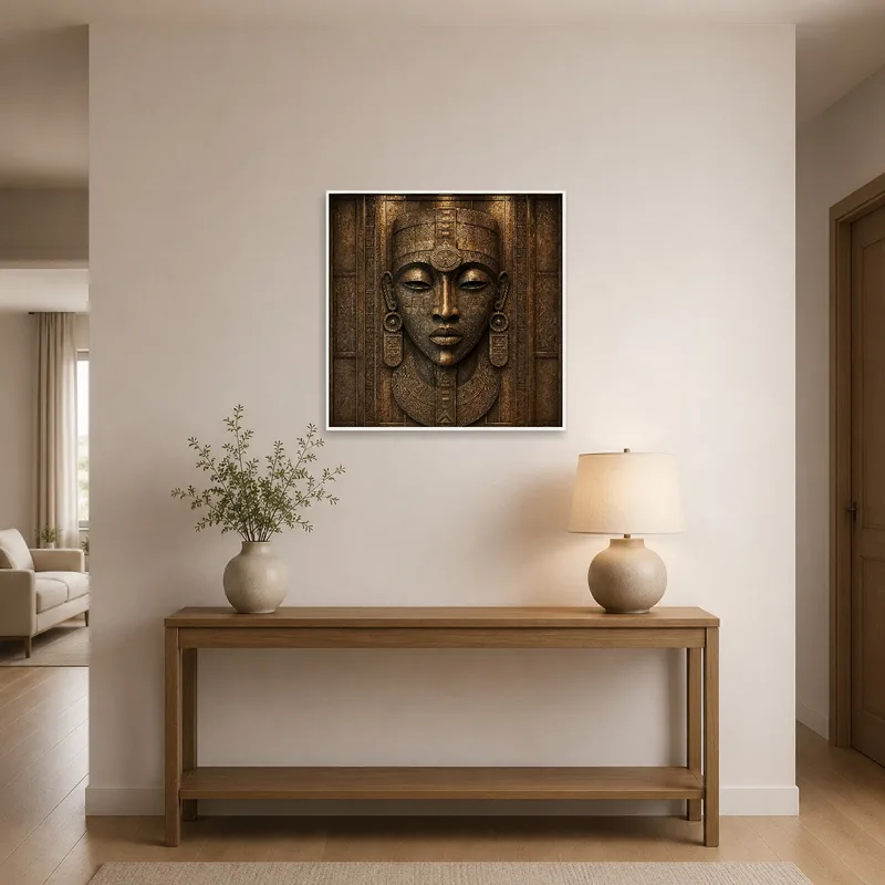Tribal face art print welcoming guests in a stylish entrance hall.