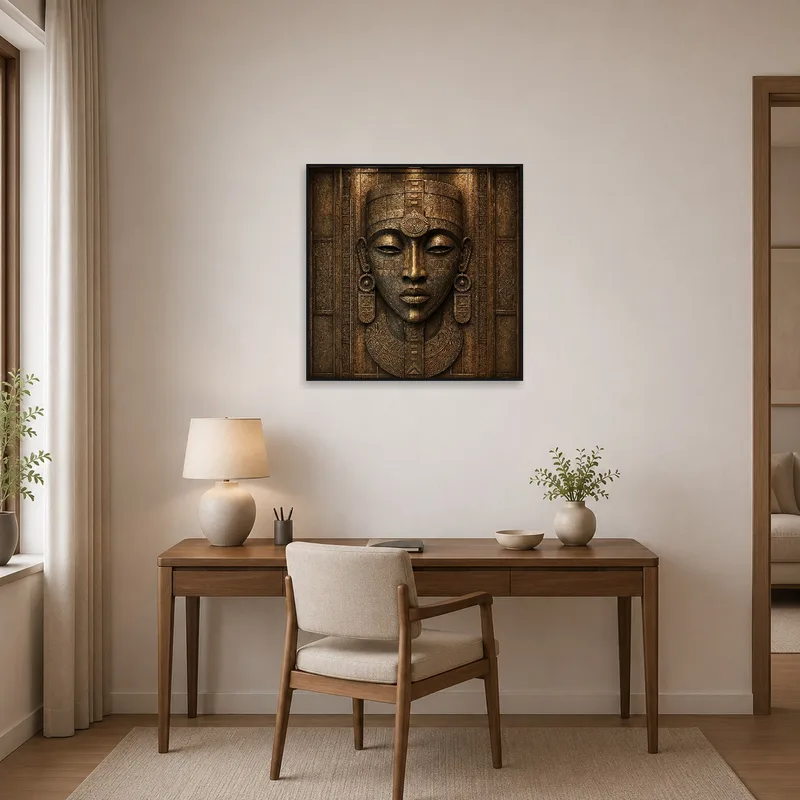 Bas-relief tribal face art print inspiring creativity in a chic home office.