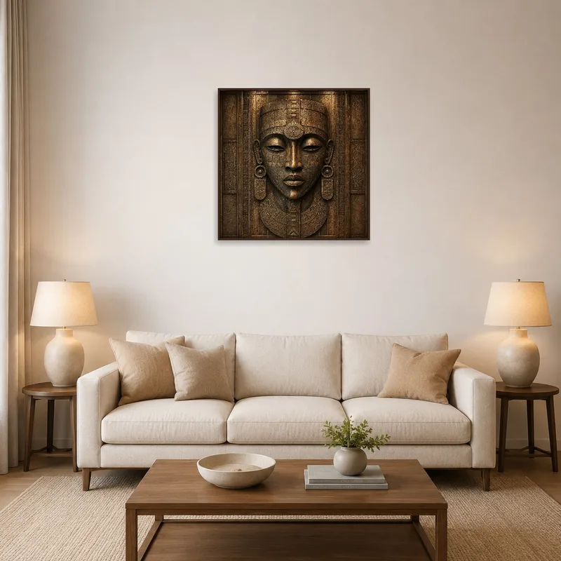 Intricate tribal face art print displayed above a cozy sofa in a modern living room.