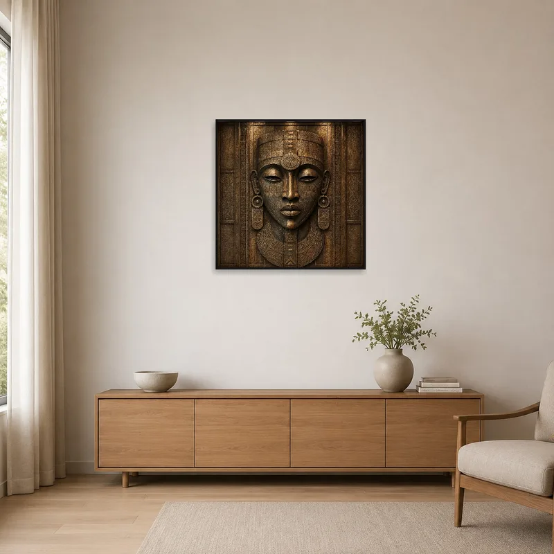 Bas-relief tribal face art print adding character to a stark minimalist space.