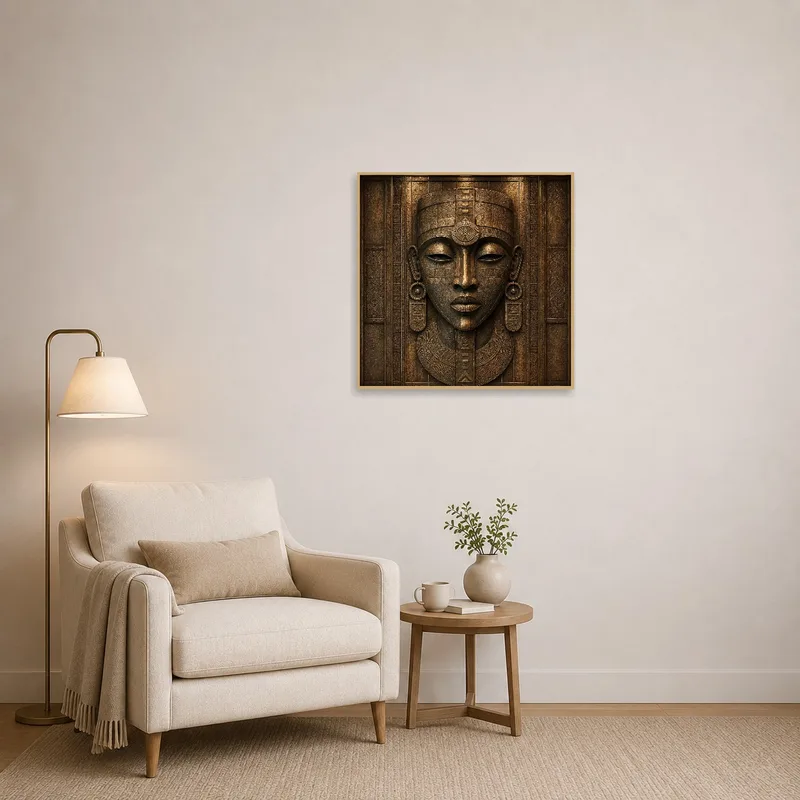 Intricate bas-relief tribal face art enhancing a peaceful reading corner.
