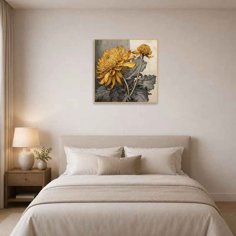 Intricate Chrysanthemum piece enhances tranquility in a serene bedroom.