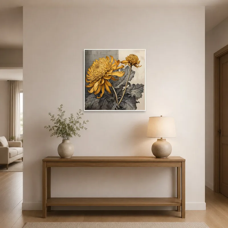 Chrysanthemum artwork greets guests in a stylish entrance hall.