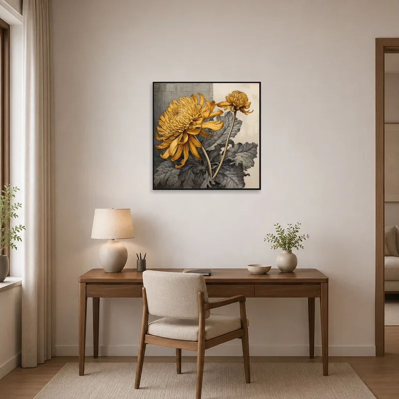 Chrysanthemum illustration inspires creativity in a sophisticated home office.