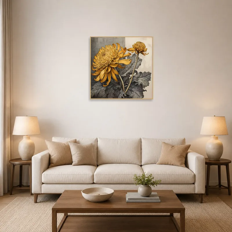 Intricate Chrysanthemum art adds elegance above a modern living-room sofa.