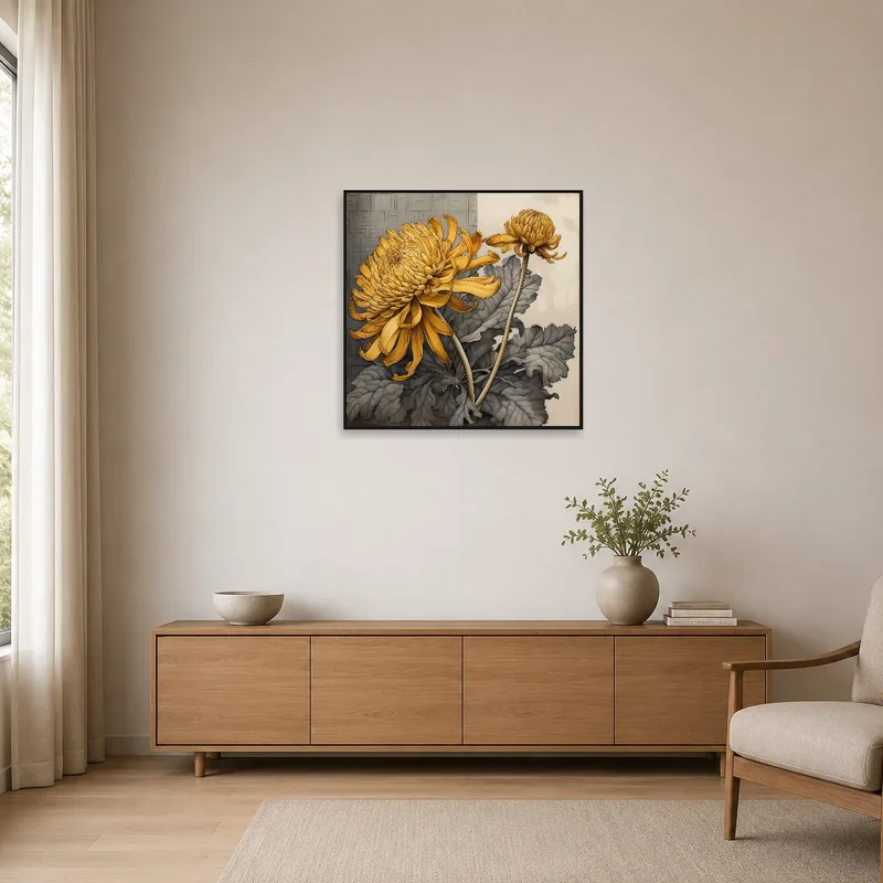 Botanical Chrysanthemum illustration complements a minimalist white wall.