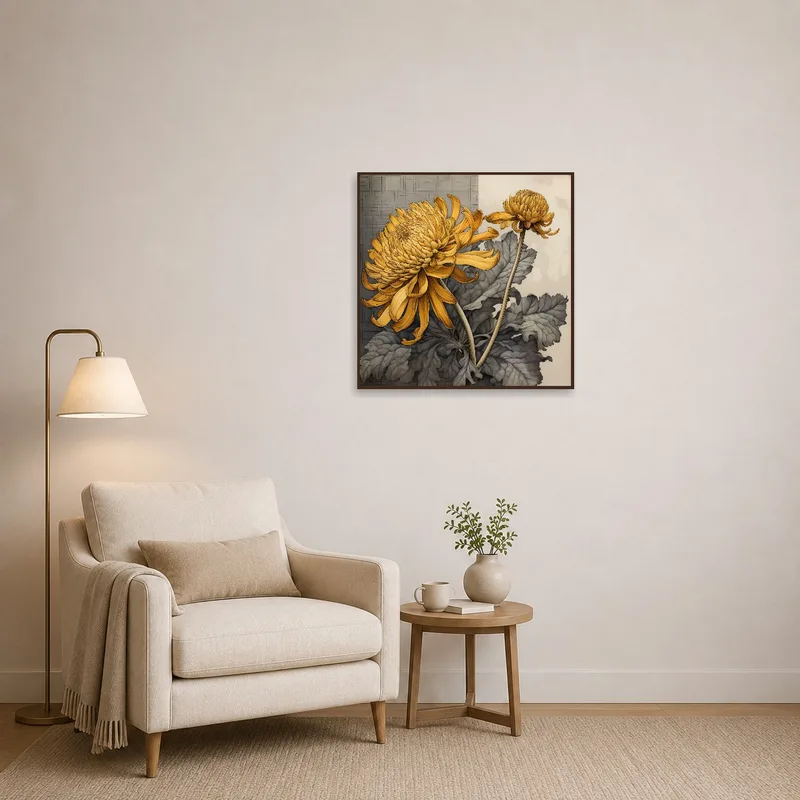 Chrysanthemum art brings nature's beauty to a cozy reading corner.