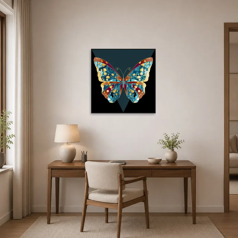 Intricate butterfly artwork enlivens the home office space.