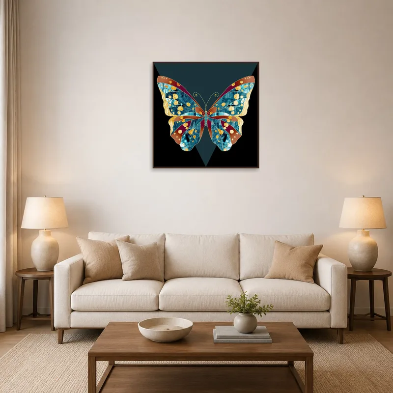 Rich-toned butterfly art adds vibrant elegance to the living room wall.