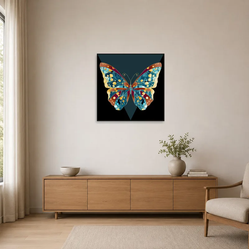 Butterfly artwork contrasts beautifully against the minimalist decor.