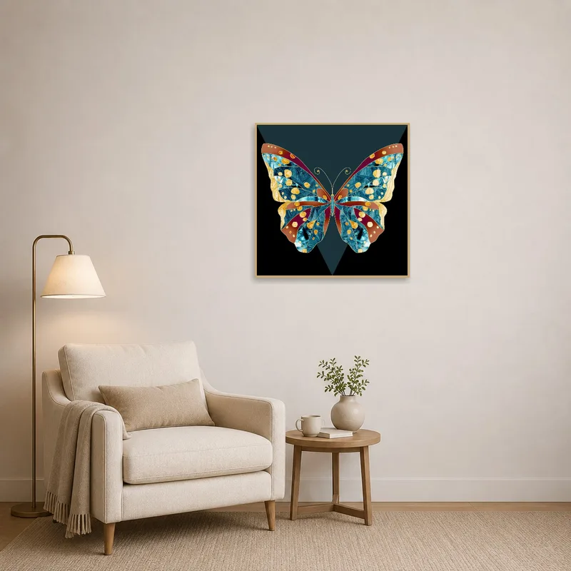 Colorful butterfly art enhances the cozy reading corner atmosphere.