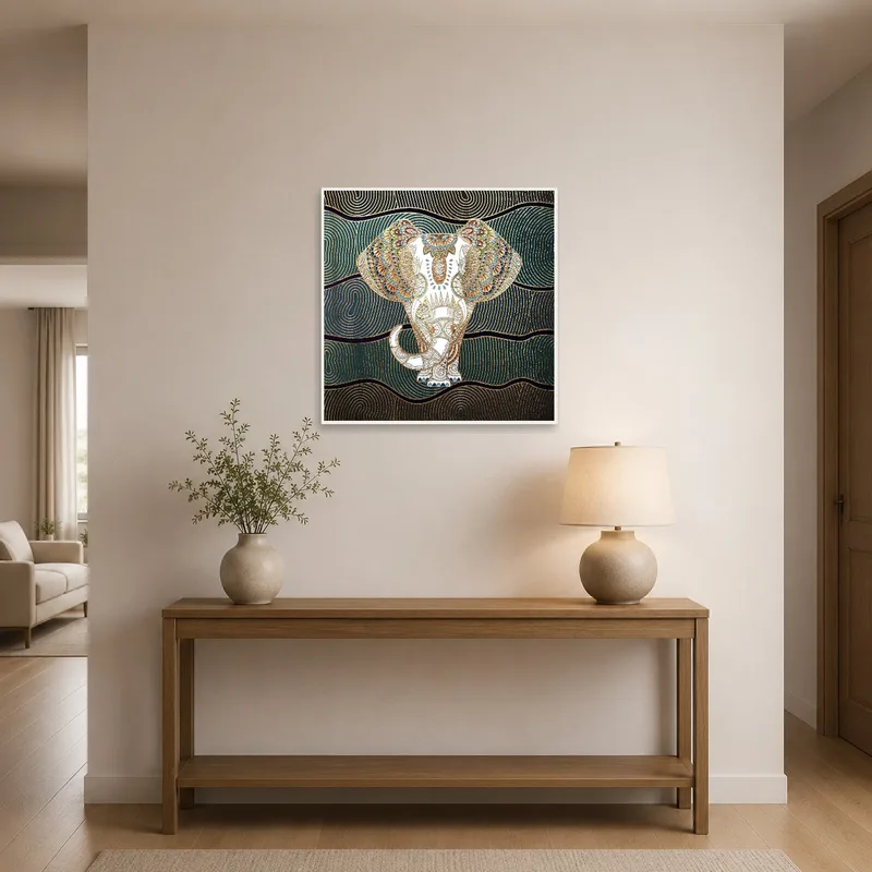 Elephant mandala with gold highlights enriches an entrance hall.