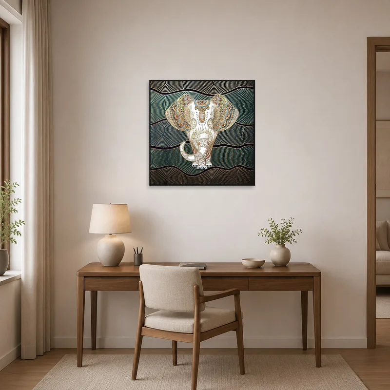 Elephant mandala with gold details provides inspiration in a home office.