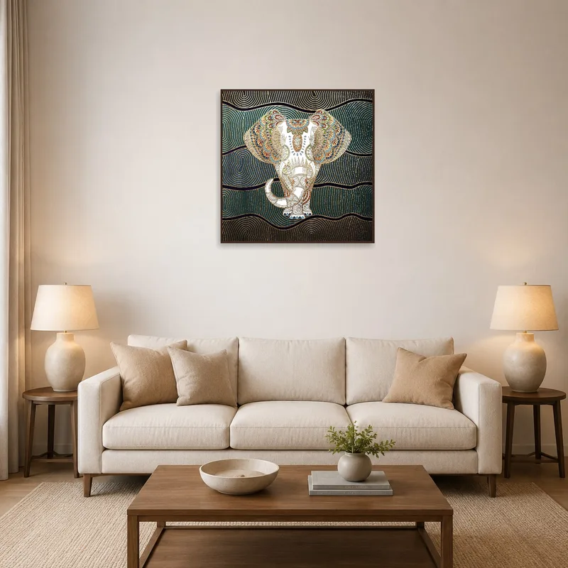 Elephant mandala with gold accents adds elegance to a cozy living room.