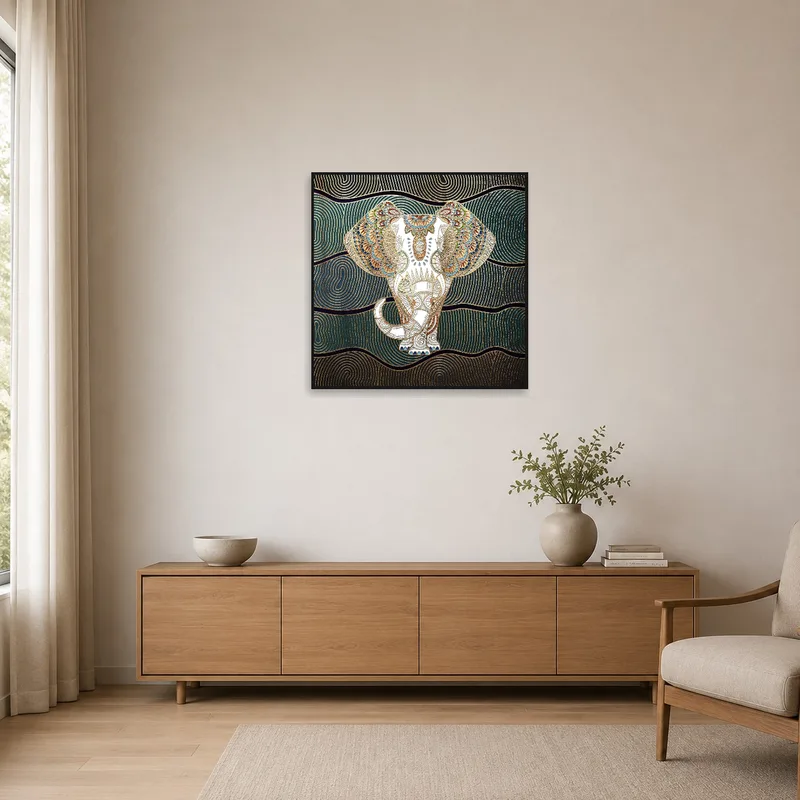 Elephant mandala with gold accents stands out on a minimalist wall.