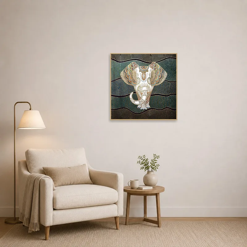 Elephant mandala with gold accents creates a tranquil reading corner.