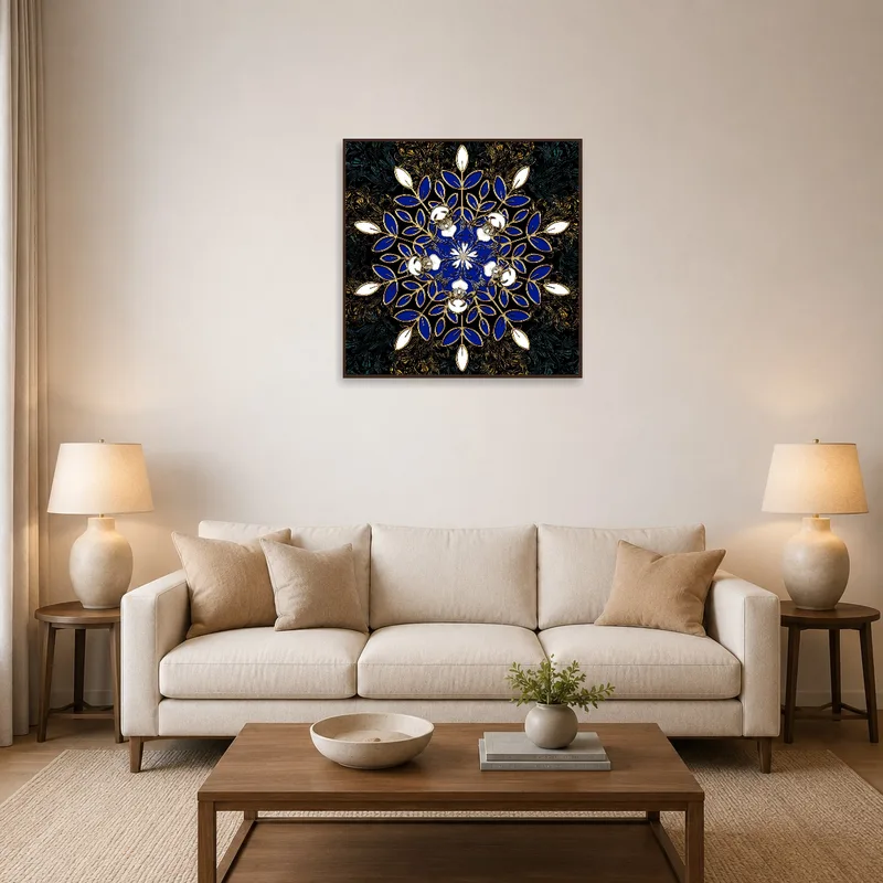 Rich blue and gold floral mandala adds elegance to the living room wall.