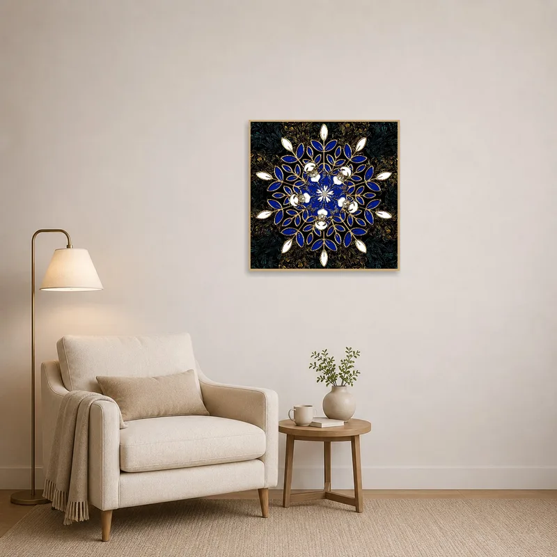 Beautiful mandala enhances the reading corner with rich blue and gold tones.