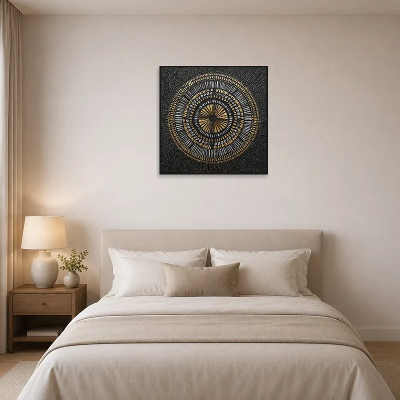 Metallic geometric circle art adding sophistication to a bedroom wall.