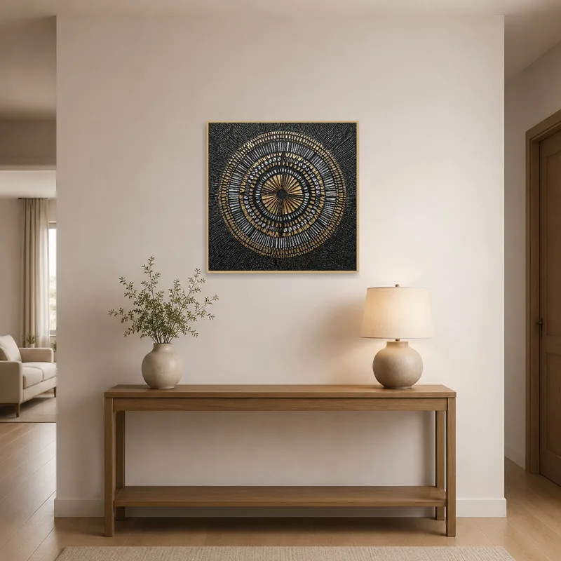 Geometric metallic circle art elegantly displayed in an entrance hall.