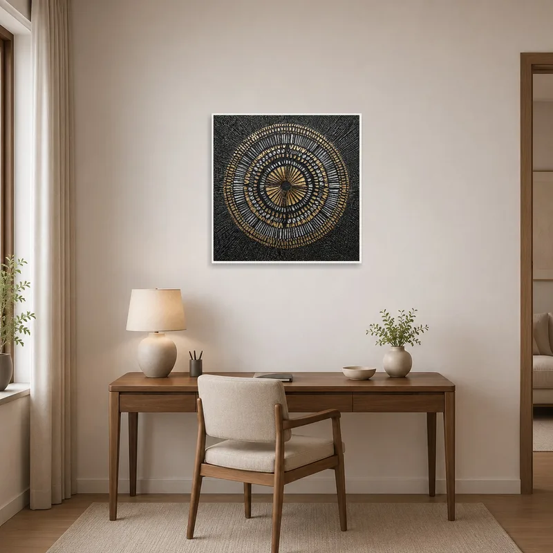 Geometric circle metallic art enhancing a stylish home office.