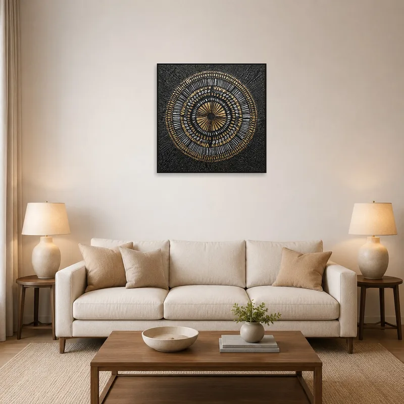 A geometric circle metallic artwork above a modern couch in a living room.