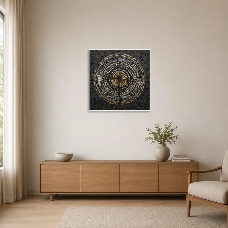 Minimalist space with a geometric circle metal art as the focal point.