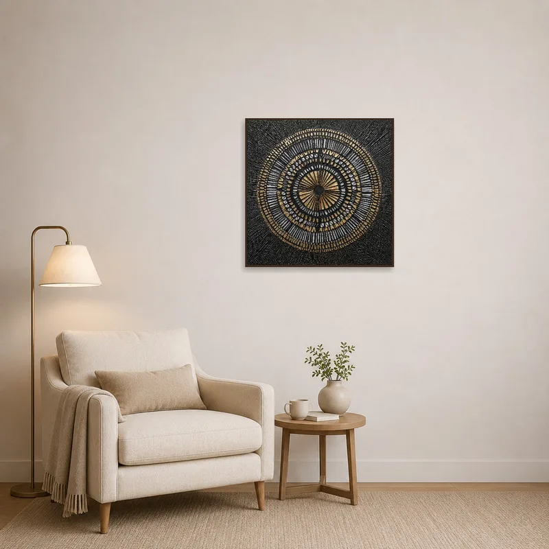 A cozy reading corner adorned with a geometric circle metallic piece.