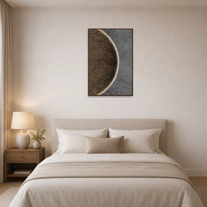 Complex geometric orb art enhancing the ambiance of a restful bedroom.