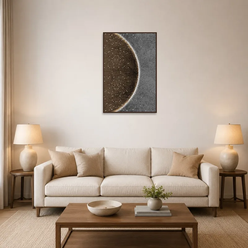 Intricate geometric orb art hanging above a modern sofa in a stylish living room.