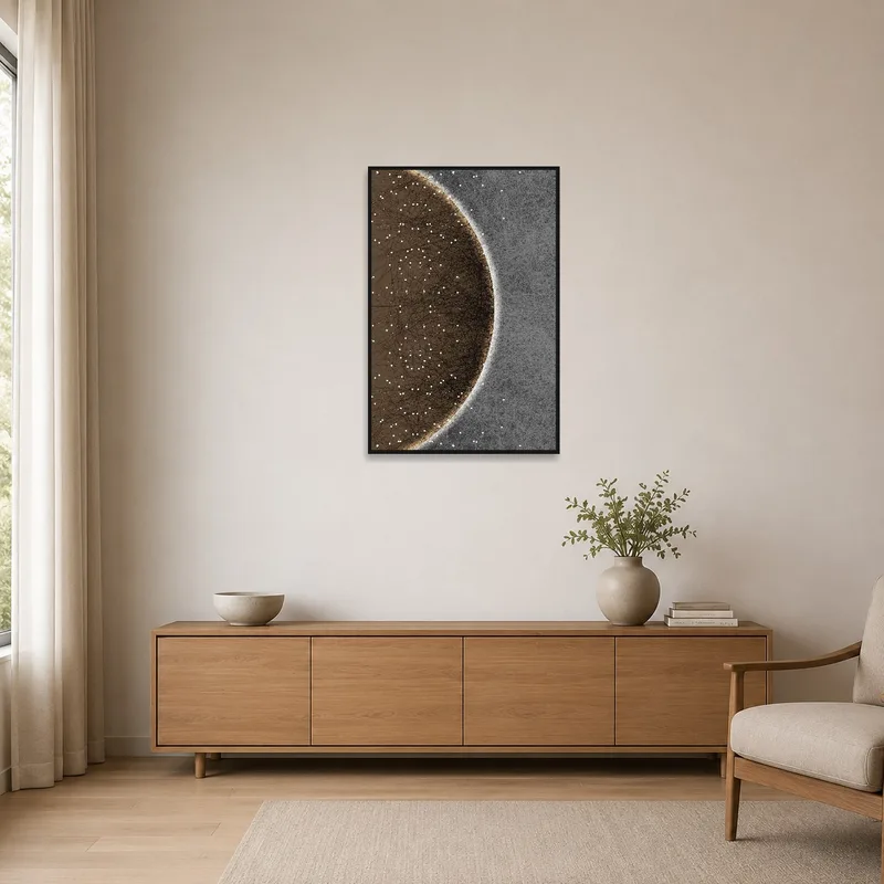 Geometric orb artwork displayed in a clean, minimalist space with understated elegance.