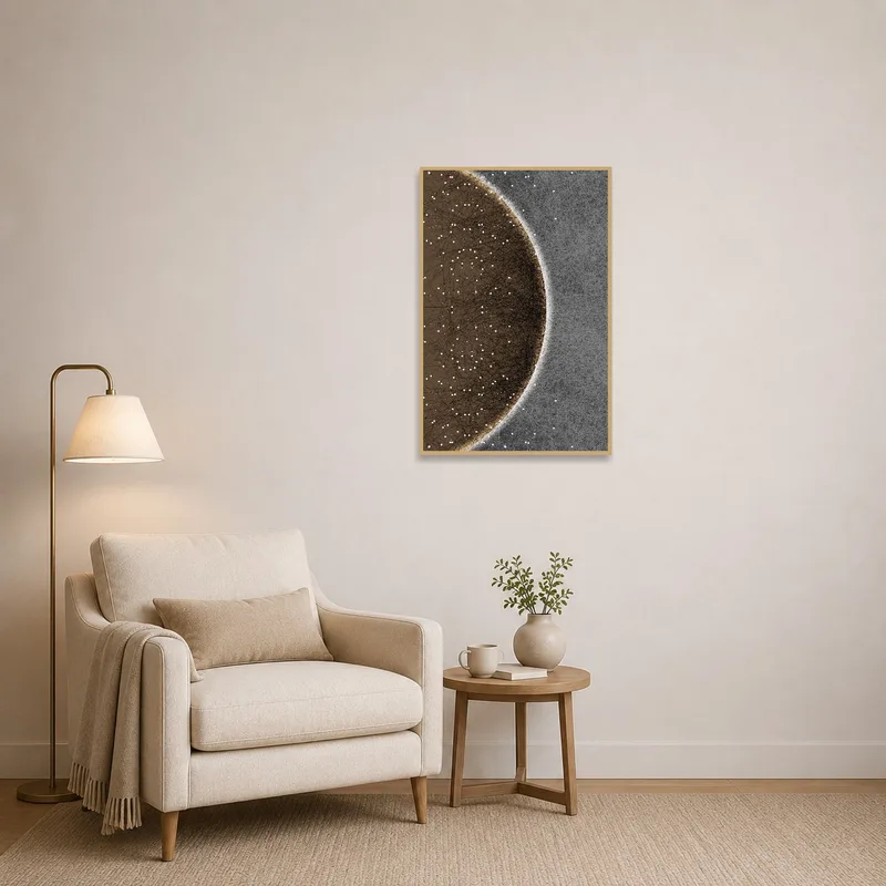 Geometric orb composition brings a dynamic touch to a cozy reading corner.