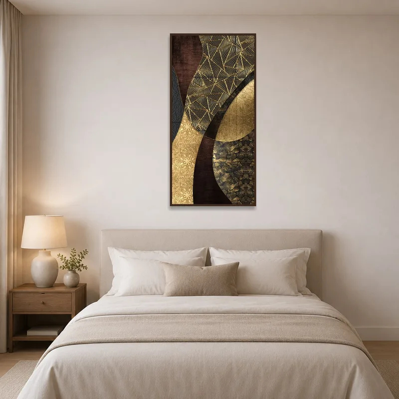 Geometric art piece brings a bold touch to a serene bedroom setting.