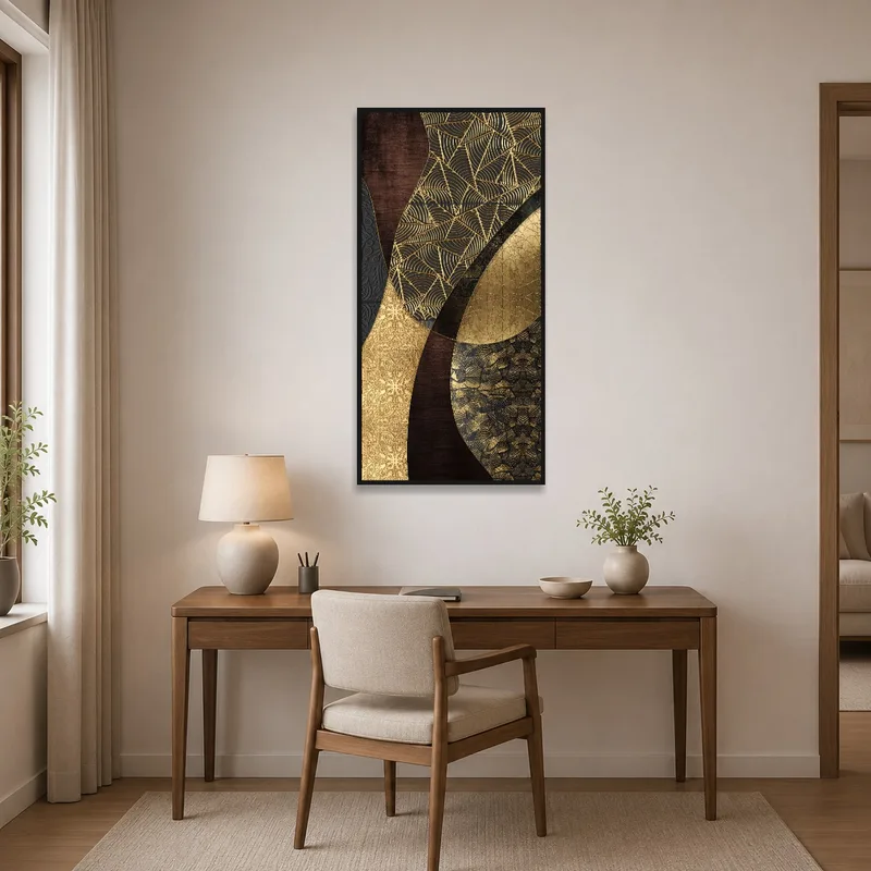 Modern abstract geometric art inspiring creativity in a stylish home office.