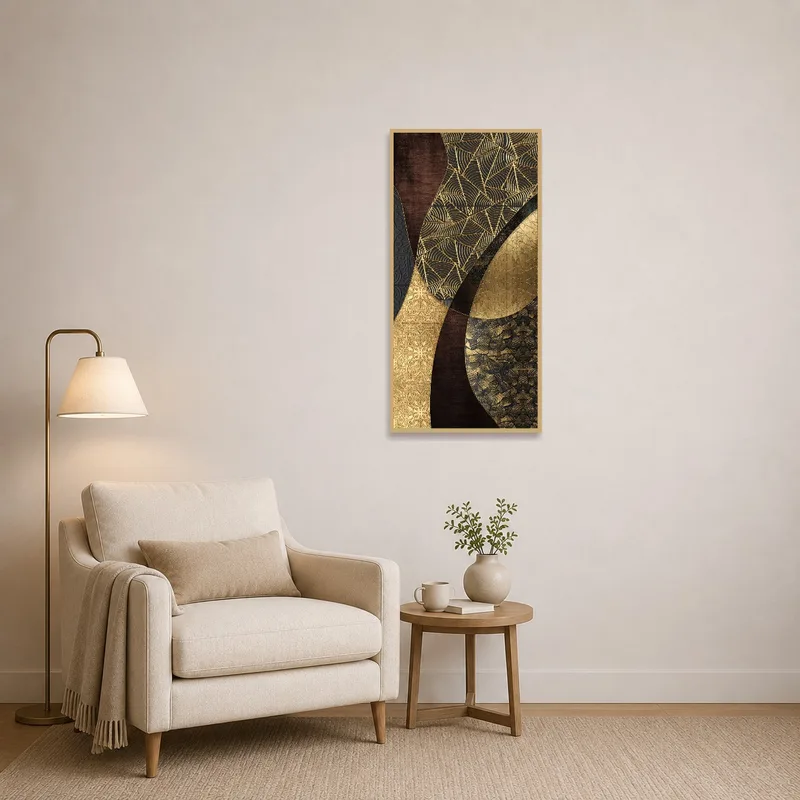Intricate geometric wall art adds sophistication to a cozy reading corner.